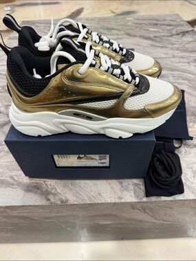 AUTHENTIC Dior Gold, White & Black Low-Top Sneakers B22s calfskin